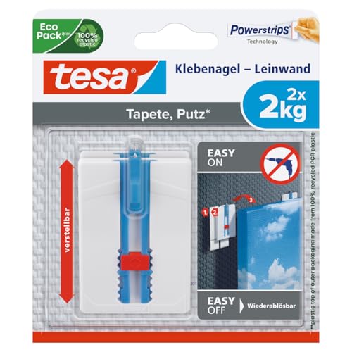 tesa Klebenagel Tapeten & Putz - höhenverstellbar - selbstklebender Nagel - ideal für Leinwand & Keilrahmen - Halteleistung 2kg/Nagel - spurlos ablösbar