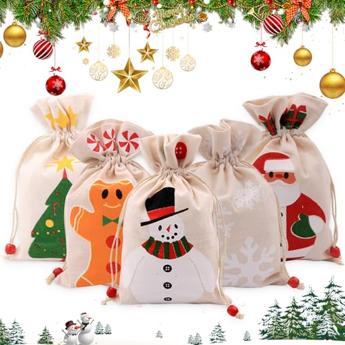 6 Stück Weihnachtssack, Jute-Sack,Nikolausbeutel, Weihnachten Geschenkbeutel,Jute-Beutel personalisiert & Bedruckt, Geschenkverpackung zum befüllen Baumwolle Säckchen für Süßigkeits,15x23cm