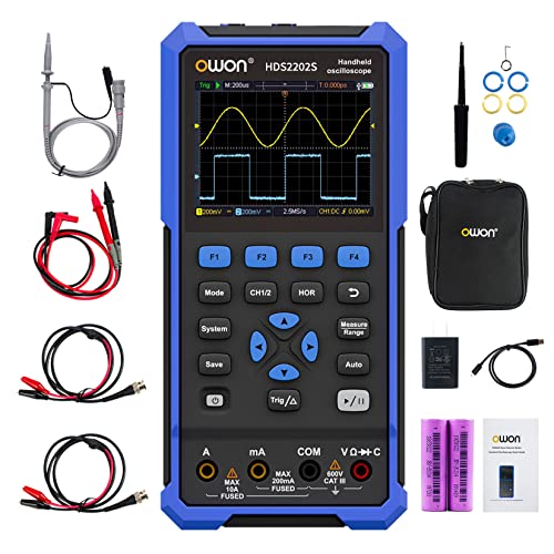 OWON HDS2202S 3 in 1 Hand oszilloskop, 200MHz Bandbreite USB Typ C mit 3,5 Zoll LCD Display, 20000 Zählungen Digital multimeter, 2Kanal Digital Oszilloskop und 1Kanal Wellenformgenerator