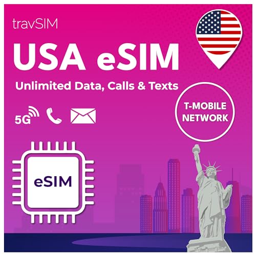 travSIM USA eSIM | T-Mobile Netz | Unbegrenzte Daten, Anrufe & Texte in den USA | e SIM Amerika funktioniert auf eSIM kompatiblen iOS & Android Geräten | e SIM Karte USA 21 Tage