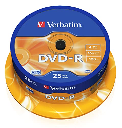 Verbatim DVD-R 16x Matt Silver 4.7GB, 25er Pack Spindel, DVD Rohlinge beschreibbar, 16-fache Brenngeschwindigkeit & Hardcoat Scratch Guard, DVD-R Rohlinge, DVD leer, Rohlinge DVD