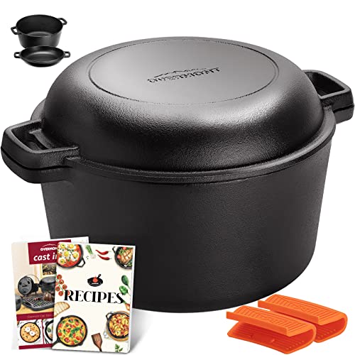 Overmont Gusseisen Topf Dutch Oven einsatzfertig eingebrannt Doppelfunktion Deckel/Bratpfanne für Küche Camping Garten BBQ Backen Gasgrill