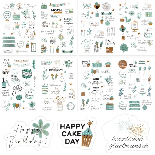 Sticker Geburtstag| Aufkleber für Fotoalbum,GäStebuch& Geschenke |Party Sticker für Erwachsene & Kinder - Set Mit 225 Motiven Auf 4 BöGen (Green)