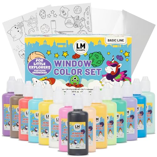 LM-Kreativ Window Color Set – Kleine Entdecker, 15 Fenstermalfarben á 60 ml, inklusive Konturenfarbe Schwarz, 14 fantasievolle Vorlagen, für kreative Fensterbilder und Bastelspaß