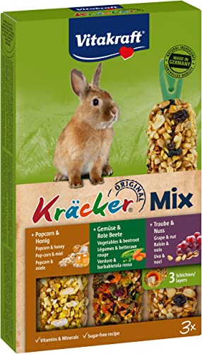 Vitakraft Kräcker Mix, Knabberstangen für Zwergkaninchen, mit Popcorn und Honig, mit Gemüse und Rote Beete, mit Traube und Nuss, ohne Zusatz von Zucker und Getreide (1x 160g)