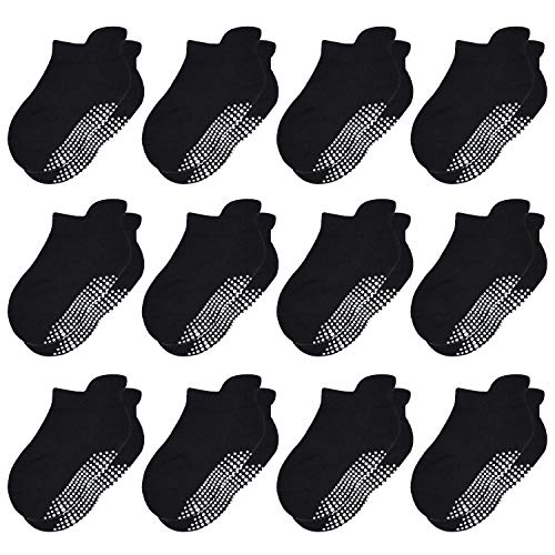 HYCLES Stoppersocken Kinder - 12 Paar ABS Socken Kinder Baby Jungen Kleinkind Rutschfeste Socken Antirutsch Socken Mädchen 12*Schwarz für 6-12 Monate