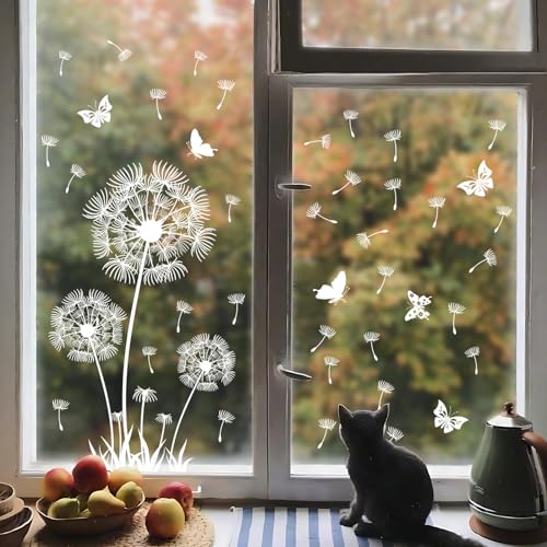 Supzone Fensteraufkleber Weiße Löwenzahnblüte Fensterbilder Fliegende Blumen Schmetterlinge Fenster Abziehbilder Sommer Frühling Anti-Kollision Fensterfolie Glastüren Fensterdeko Aufkleber