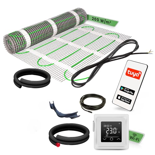 EH Expert EcoPRO Heizmatten Set | 200 W/m² | 2,5 m² | Elektrische Fußbodenheizung - für Fliesen, Naturstein, Teppich, Vinyl und Laminat, inkl. Installationsmaterial, mit WLAN Touchthermostat (Weiß)
