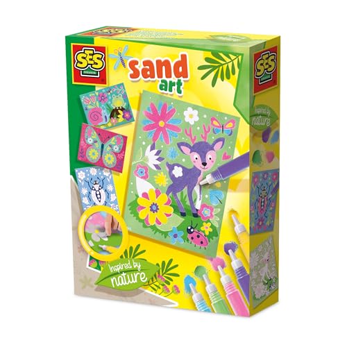 SES Creative | Sandbilder Bastelset für Kinder ab 3 Jahren | Inspired by Nature | Mit 5 Farben Sand & 6 Vorlagenkarten | Kreatives Bastelset Naturmotive | Fördert Konzentration & Fantasie