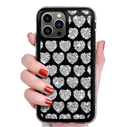 Rnrieyta Miagon Bling Diamant Hülle für iPhone 13 Pro,Spiegel Herz Glitzer Funkelnd Glänzend Steine Strass Schutzhülle Handyhülle für Frauen Mädchen,Schwarz