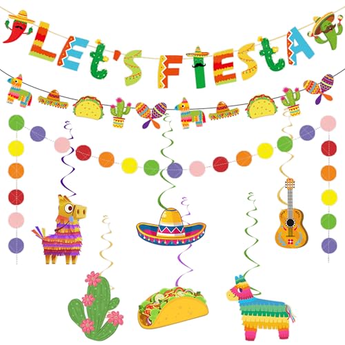 PYSEOSISE Mexikanische Party Deko Set, 9 Stück Fiesta Party Dekoration,Mexikanische Banner Fiesta Hanging Swirl Mehrfarbig Girlande Cinco de Mayo Party Dekoration für Karneval Deko