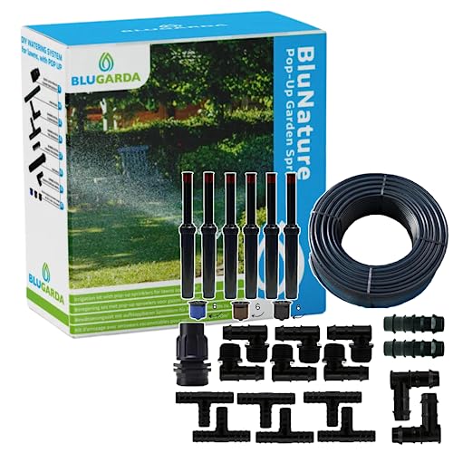 BluGarda - BluNature Pop-Up Bewässerungssprinkler für den Garten - Mit RainBird Bewässerungscomputer - Rasenbewässerung Sprinklersystem Kit - Bis 70m2 Rasen