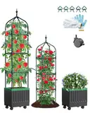 Rankhilfe Obelisk mit Blumenkasten auf Rollen,175cm Tomaten Pflanzkasten mit Spalier Selbstbewässernde Tomaten-Pflanzkästen für Kletterpflanzen, Tomatenkäfig für Patio Gewächshaus Gartenarbeit