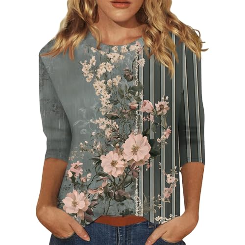 Generisch Angebot+des+Tages,Pulli Mit Reissverschluss Damen Oberteil Elegant Damen Damen Bluse Mit Blumenmuster,Lässige 3/4 Ärmel Weiches Material Für Frühling Und Sommer (Grau,S)