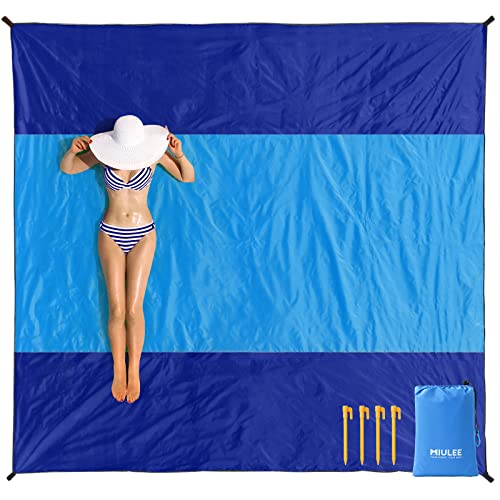 MIULEE Stranddecke Sandfrei Strandmatte wasserdichte 200x210 cm Extra Groß XXL Picknickdecke 4 Befestigung Ecken Outdoor Decke Campingdecke Reisedecke für Strand Wanderung und Ausflug Blau