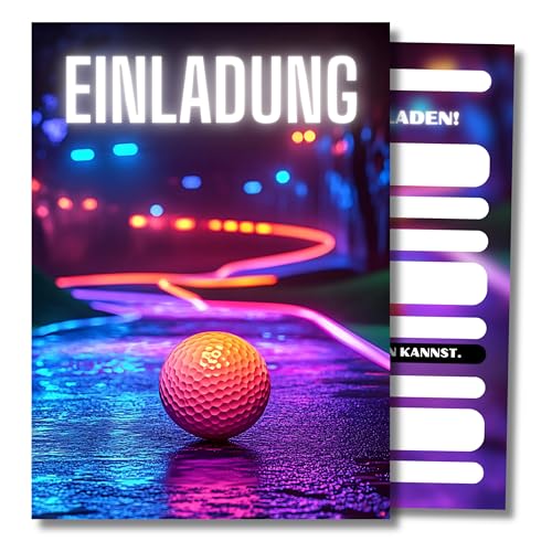 HIDEBLOOM Minigolf Einladungskarten Kindergeburtstag Junge und Mädchen I 12 Stück I DIN A6 (10,5 cm x 14,8 cm) I Einladungen Minigolf I Einladung Geburtstag Golf Kinder I Schwarzlichtminigolf