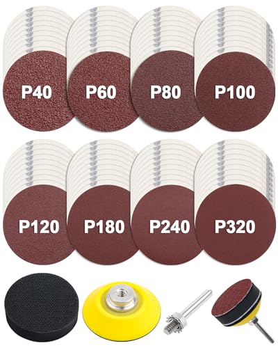 JatilEr 80 Stück Schleifpapier 50mm Klett, 2 Zoll Rund Schleifpads Körnung P40 P60 P80 P100 P120 P180 P240 P320 Exzenterschleifer Schleifscheiben Pad Kit Polierpad Adapter für Poliert Auto Metall Holz