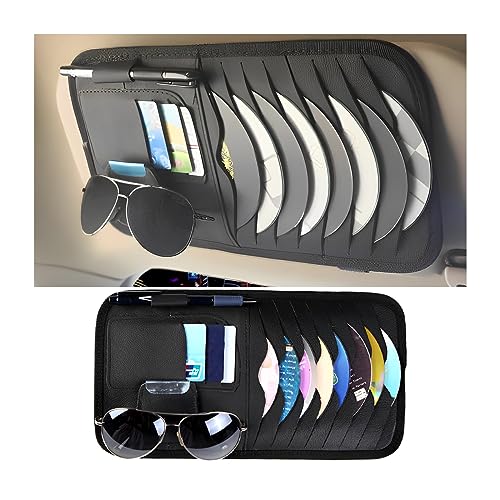 JNNJ Tasche Sun Visor Organizer Leder, Auto-Visier CD-Hülle, Auto Zubehör Aufbewahrungstasche für CD Karten Sonnenbrillen, Multifunktionales Visier-Zubehör(Schwarz)