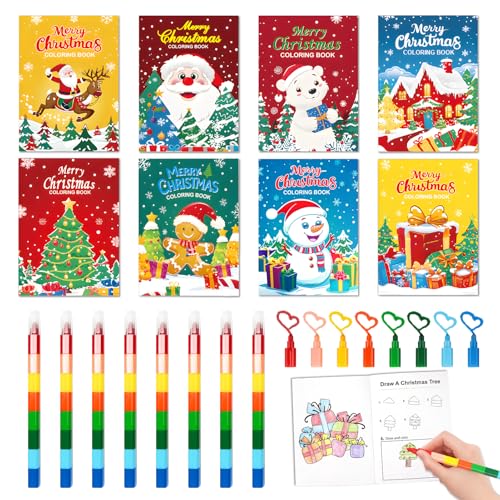 Ekukeon Set 8 Mini Malbücher Weihnachten mit 8 Schachteln Buntstiften Malbuch Kinder Gastgeschenke, Mini Malbuch Strumpf Goodie Tasche Füller Party Zubehör