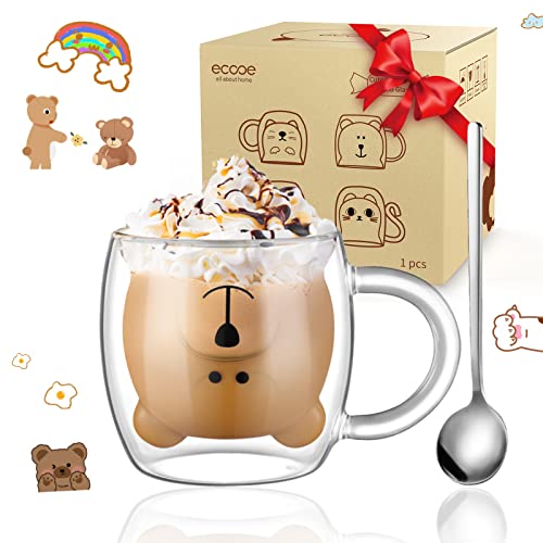 ecooe Süße Tassen Bär Doppelwandige Gläser 280ml Latte Macchiato Gläser Cappuccino Tasse Bär Kaffeetasse Doppelwandig Kaffeeglas Teegläser Geburtstag Valentinstag Geschenke für Frauen Männer Kinder