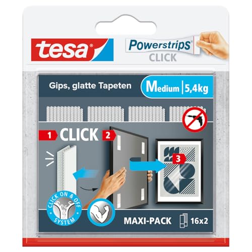 tesa Powerstrips CLICK - Klett-Klebepads zum An- und Abklicken von Bilderrahmen und Wanddekorationen ohne Bohren - selbstklebende Klettband-Strips mit ON und OFF Click-System - Medium - 16 x 2 Stück