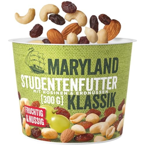 Maryland Studentenfutter Klassik 300g Becher – Rosinen Erdnusskerne Cashewkerne und Mandeln in Nuss Frucht Mischung Wiederverschließbarer Becher (1 x 300g)