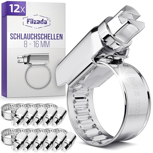 Filzada® 12x Schlauchschellen Set - Schlauchklemme 8-16 mm - Schlauchschellen Edelstahl - rostfreie Schraubschelle - Schlauchschelle für Pool, Waschmaschine uvm - Schlauchklemmen Set - Schellen Set