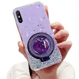 Tivenfezk Nadoli Sparkle Treibsand Ständer Hülle für Xiaomi Redmi 9A,Versteckt Ständer Ring Klar Glitzer Stern Handyhülle Durchsichtig Bling Schutzhülle Case Cover,Lila