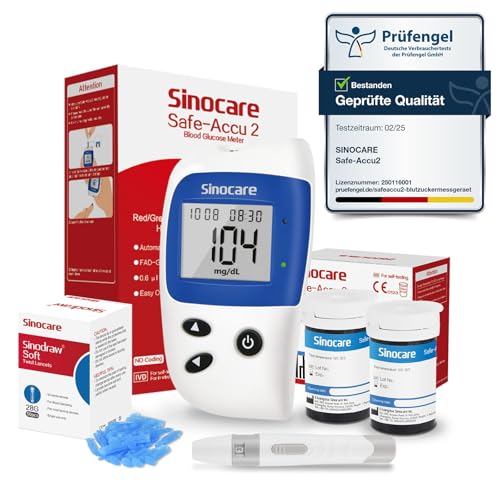 sinocare Blutzuckermessgerät, Zuckermessgerät mit Blutzuckerteststreifen 50, Schmerzfrei & Schnell, Wenig Probenvolumen- mg/dL (Safe-Accu2 Blutzuckermessgerät 50 Set)