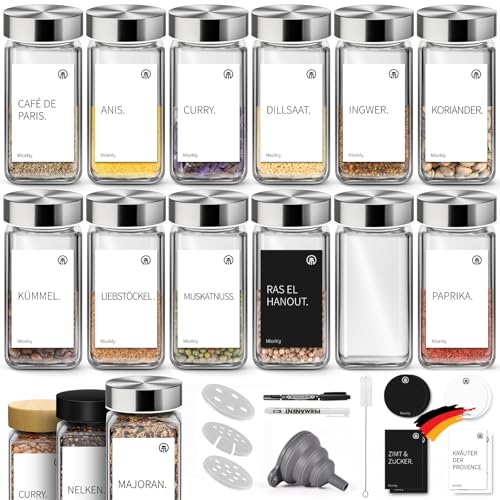 Miorkly Gewürzgläser Eckig mit Streueinsatz, Edelstahl Deckel Gewürzdosen Set 120ml,12 Gewürzgläser Set, Gewürzstreuer Glas mit Streuer-Aufsätze, Trichter, Etiketten & Kreidestift, Gewürze Set