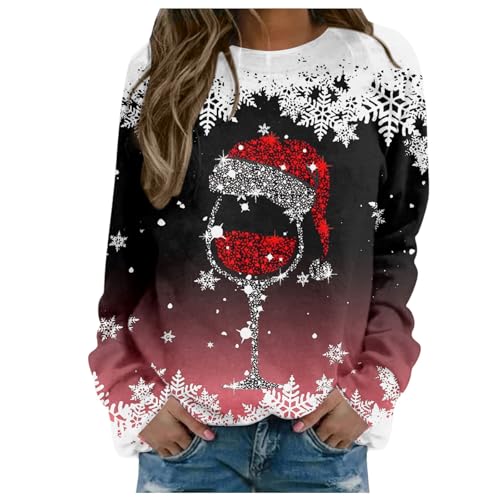 Weihnachten Damen, Aufdruck „Merry Christmas“, O-Ausschnitt, Rundhalsausschnitt, passende Pullover-Oberteile, geeignete Langarm-Workout-Shirts, lockere Bluse (Brick Red, L)