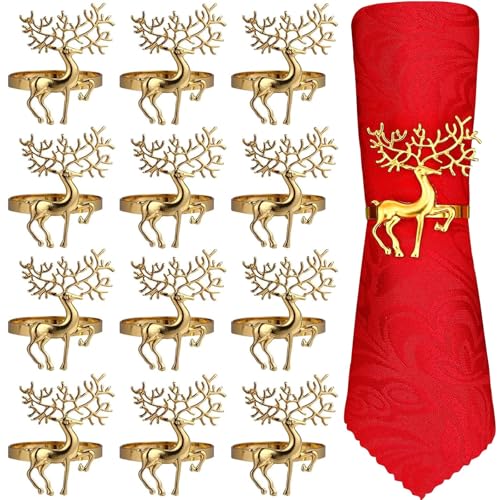 12 Stück Serviettenringe Weihnachten,4cm Rentier Serviettenhalter, Teiliges Set Von Weihnachts Rentier Serviettenringe Gold, Rentier Serviettenschließe für Weihnachten, Hochzeiten Und Tischdekoration