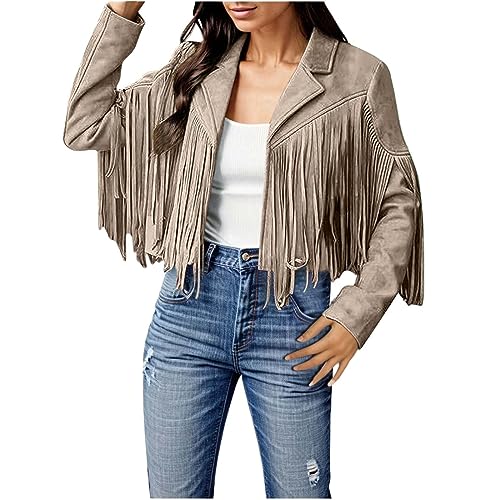 2025 - Damen-Jacken Wildlederimitat mit Fransen, modische Quasten-Motorrad-Kurzmäntel Wintermantel Frau (Khaki, XL)