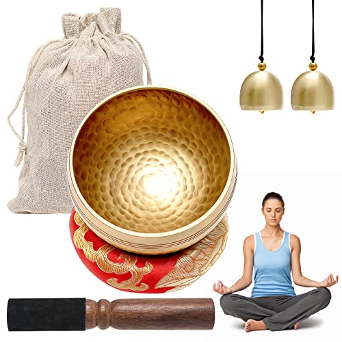 Tibetisches Klangschalen Set,Meditationsklangschale,Ø 8.6 cm Hand gehämmert Messing mit Holz Klöppel,Klangschalenkissen und 2Pcs Messingglocke für Yoga Meditation und Entspannung