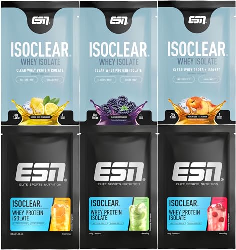 ESN ISOCLEAR Whey Isolate Protein Pulver, Probenbundle, 6 x 30 g, unterschiedliche Sorten, Proteinlimo mit fruchtig leckerem Geschmack, clear Whey, geprüfte Qualität - made in Germany