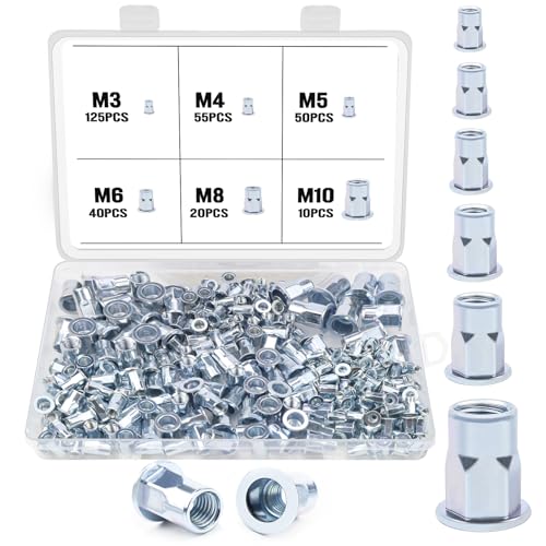 Nietmuttern Set 300Stk M3 M4 M5 M6 M8 M10 Blindnietmuttern Flachkopf Nietmuttern Einnietmutter