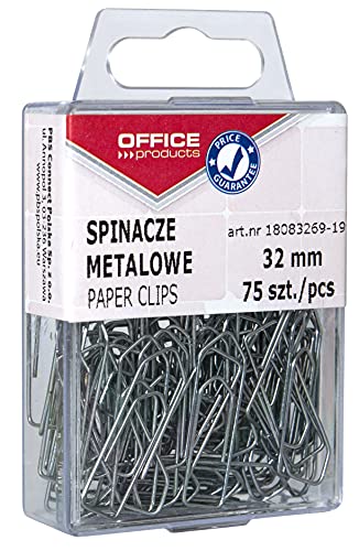 OFFICER PRODUCTS 18083269-19 Büroklammern Metallbriefklammern Silbern in der Box / 32mm - 75 Stück/in Praktischer Aufbewahrungsbox/Paper Clips