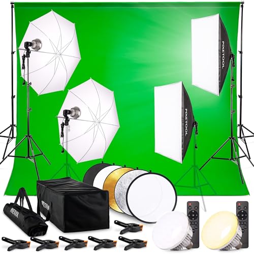 PIXETOOL Fotostudio Set - Greenscreen (3 x 3 m) mit Ständer (3 x 2,6 m) - Softbox mit Lampen Set - Green Screen Fotohintergrund - Reflektor - Studiolicht Fotolampe - Streaming Fotografie Hintergrund