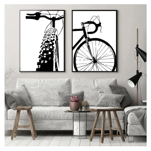 CHAOJIART Moderne schwarz-weiße Fahrradkunst, Radfahren, Leinwandgemälde, Wandkunst, Bilder, Fahrraddrucke, Poster, Kinderzimmer, Heimdekoration, 60 x 80 cm x 2, rahmenlos