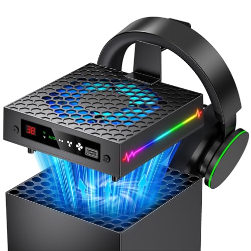 LED Display Auto Kühler Lüfter für Xbox Series X mit 9 RGB Licht Modi, Kühlsystem mit 4-Gängen für Xbox Series X Konsole,Kühler Schalter Licht Schalter, Headset Haken,USB Port,Low Noise Hohe Effizienz