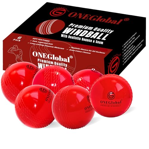 ONEGlobal Premium-Windball, weiche Cricketbälle, langlebige, weiche Windbälle mit echter Sprungkraft und Schwung, ideal für Outdoor- und Indoor-Praxis, Coaching und Familienspaß (6 Stück, rot, Senior)