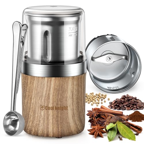 COOL KNIGHT Kaffeemühle Elektrisch, Kaffeemühle mit Kaffeedosierlöffel und 1 Edelstahlbehälter. 100 g Kapazität Gewürzmühle, Grinder für Gewürze, Kaffeebohnen, Nüsse
