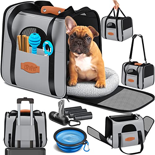 LOVPET® Hundebox Hundetasche Transportbox 2in1 Hunde & Katzentasche Hundetransportbox inkl. Pet-Kissen + 3x Beutelrollen + Napf 44x31x36xm Transporttasche für Haustiere, Haustiertransportbox Hellgrau