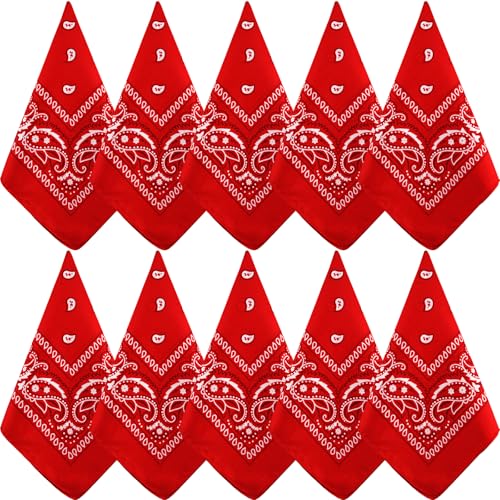 NACHLYNN 10 Stück Paisley-Bandanas, verschiedene Bandanas, Cowboy-Stirnbänder aus Polyester, quadratischer Schal, Kopfbedeckung (10, Rot)