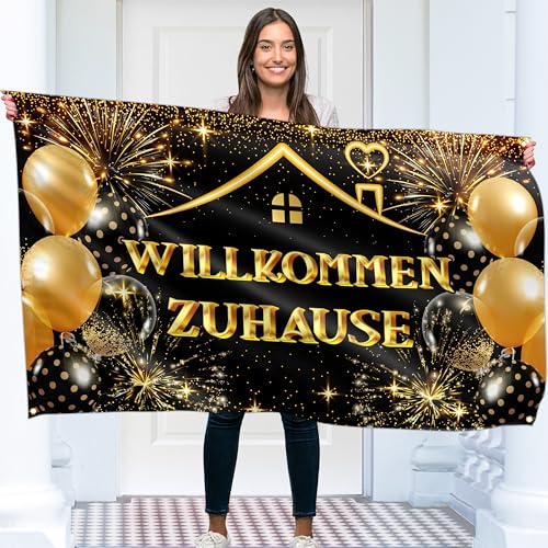 Willkommen Zuhause Banner 150 x 90 cm – Herzlich Willkommen Girlande – Willkommen Zurück Deko – Lebendiger Digitaldruck – 110 Den Polyester – Doppelnaht (Schwarz & Gold)