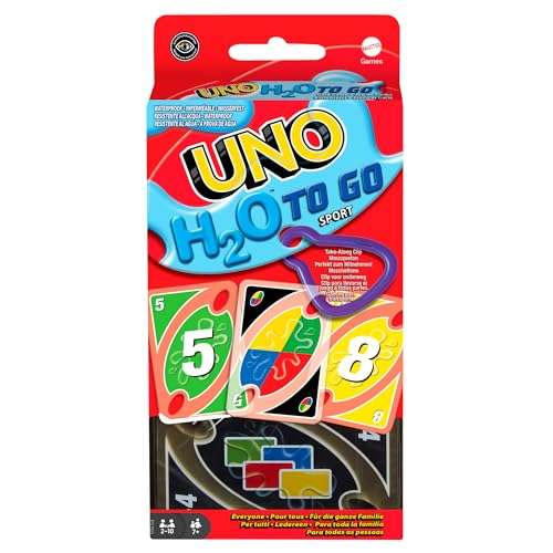 Mattel Games UNO H2O To Go, Uno Kartenspiel für die Familie, Uno wasserfest und zum Anhängen mit Karabinerhaken, Perfekt als Strand Spielzeug oder Reisespiel, für 2-10 Spieler, ab 7 Jahren, P1703