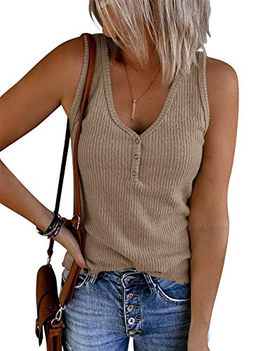 Saodimallsu Damen Tops Ärmellose V-Ausschnitt Casual Tank Tops Lockerer Knopfverschluss Henley Shirt Dunkles Khaki L