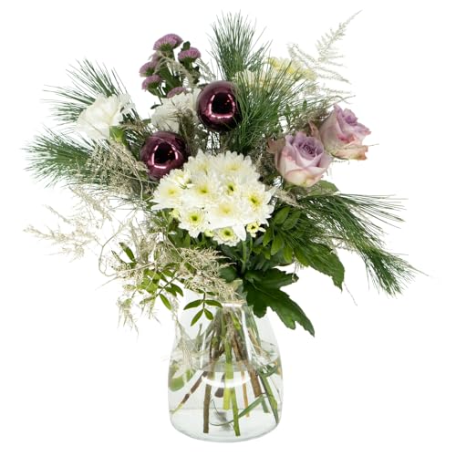 Weihnachtsstrauß Festlicher Glanz, Blumenstrauß mit Weihnachtskugeln, Blumen versenden, 7-Tage-Frische-Garantie, Rosen, Gerbera, Chrysanthemen, Nelken, Kiefernzweige, Blumenversand