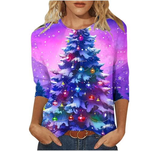 EMATOP Weihnachtsbluse Damen 3/4 Ärmel Tshirts Elegante Baumwolle Weihnachtspullover Causal Lustig Sweatshirt 2024 Festliche Weihnachten Pullover Weihnachtsbaum Muster Pulli Oberteile