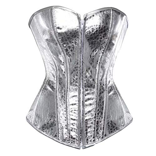 Josamogre Leder Korsett Corset Top Damen Kunstleder Corsage Gothic Reißverschluss Sexy Silber L